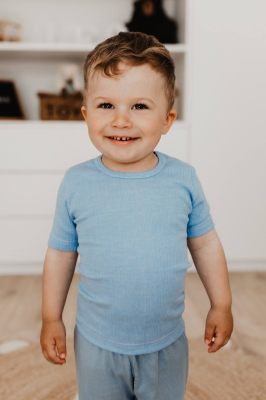 Dětské triko s krátkým rukávem z merino vlny, bavlny a hedvábí modré Cosilana Velikost: 92