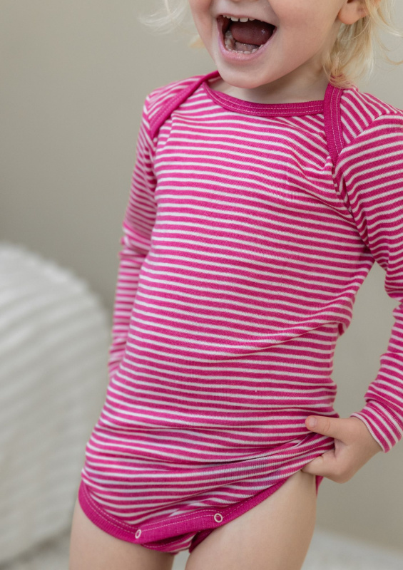 Dětské body z merino vlny a hedvábí Cosilana s dlouhým  rukávem růžový pruh Velikost: 98/104