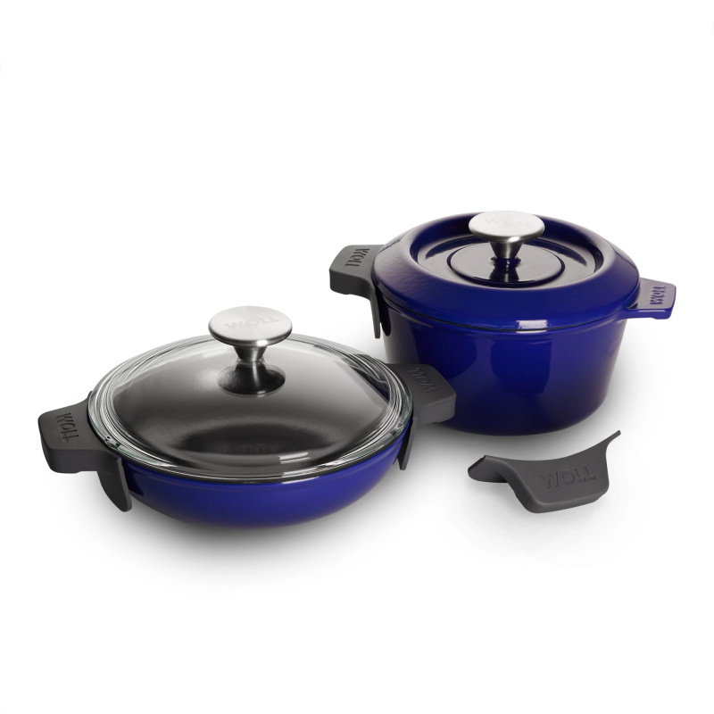 Woll Sada litinového hrnce a servirovací litinové pánve s poklicí, Iron, Ø 20 cm, modrá PB-CI-SET-0002-020