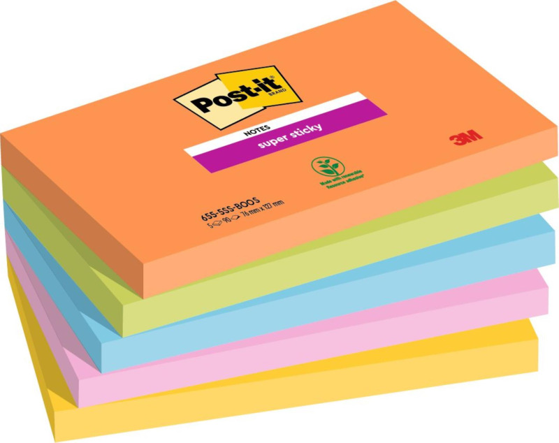 3M POSTIT Samolepicí bloček Super Sticky Boots, mix barev, 76 x 127 mm, 5x 90 listů