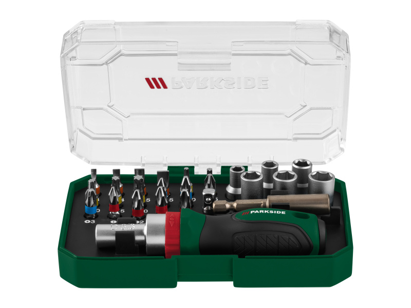 ParksideÂ® Sada bitĹŻ s rĂˇÄŤnou (sada rĂˇÄŤnovĂ©ho ĹˇroubovĂˇku, bitĹŻ a nĂˇstrÄŤnĂ˝ch klĂÄŤĹŻ, 6,3 mm)