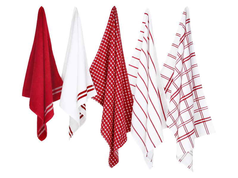 W5 Sada kuchyňských utěrek a ručníků, 100 % bavlna, 5dílná (červená/šedá)