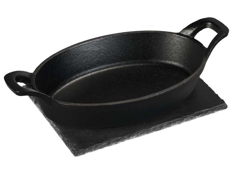 Grillmeister Litinová servírovací pánev s břidlicovou deskou / Lis na hamburgery (mini pánev oválná)