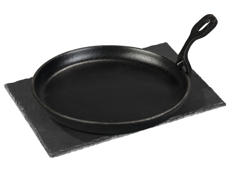 Grillmeister Litinová servírovací pánev s břidlicovou deskou / Lis na hamburgery (grilovací plotýnka)