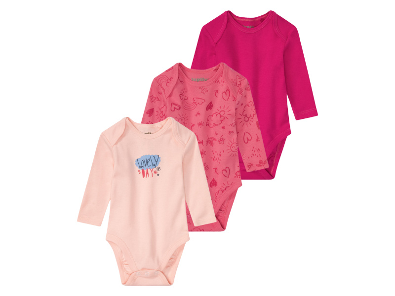 lupilu® Dívčí body s dlouhými rukávy, 3 kusy (50/56, růžovo-fialová / růžová / světle růžová)