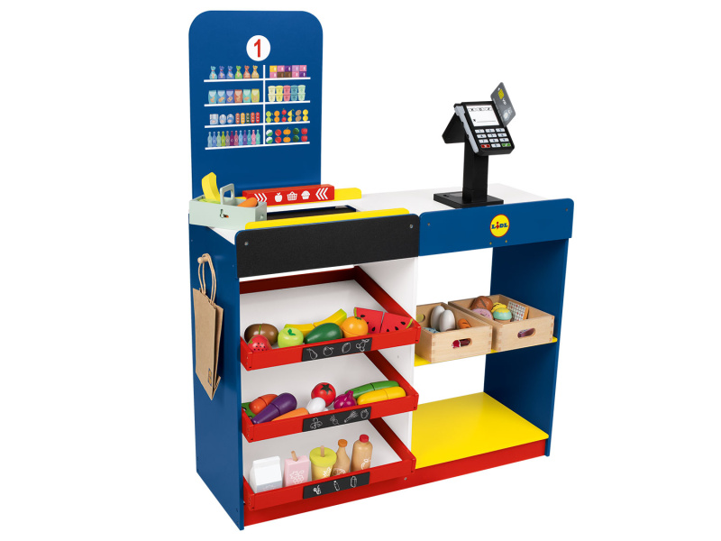 Playtive Dřevěný supermarket Lidl s pokladnou a pohyblivým pásem