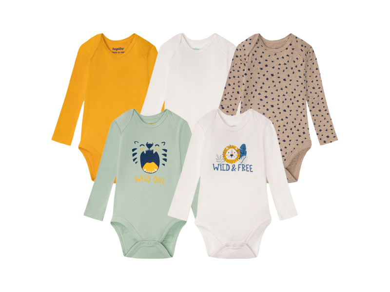 lupilu® Chlapecké body s dlouhými rukávy Bio, 5 kusů (50/56, mintová/bílá/žlutá/béžová)