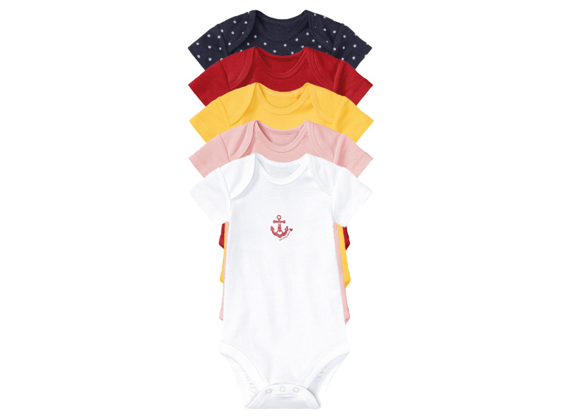 lupilu® Dětské body s krátkými rukávy Bio, 5 kusů (50/56, bílá/žlutá/červená/růžová/námořnická modrá)