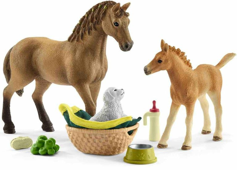 Schleich Hříbě a Quarter kůň se štěňátkem a doplňky