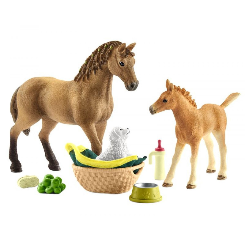Schleich Hříbě a Quarter kůň se štěňátkem a doplňky
