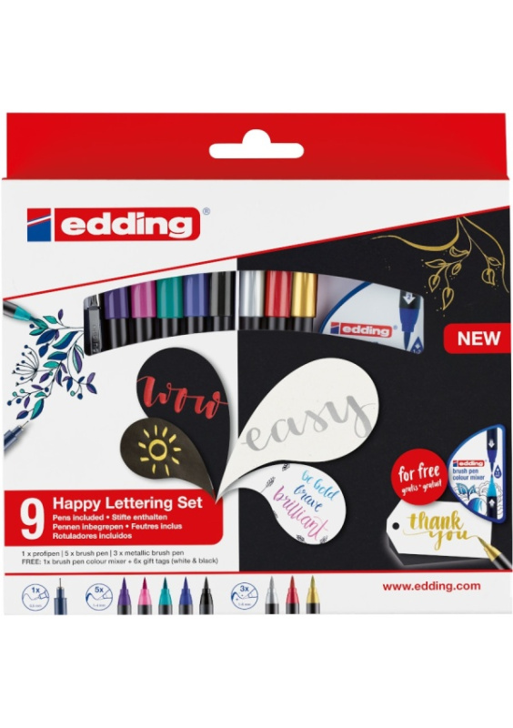 Štětcový popisovač EDDING 1340,sada 9+2,Happy Lettering set,mixer+visa EDDING