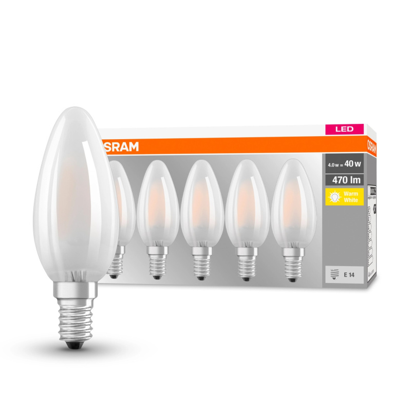 OSRAM LED žárovka Base Classic B40, E14, 4 W, 470 lm, 2700 K, opálová, 5 ks