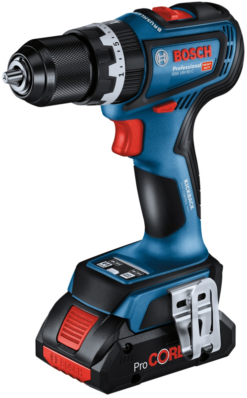 Šroubovák vrtací s příkl. AKU Bosch GSB 18V-90 C L-BOXX 4 Ah