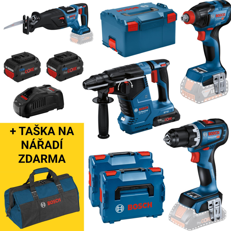 Sada AKU nářadí Bosch GSR + GDX + GBH + GSA 18 V 2× 5,5 Ah 1× 4 Ah