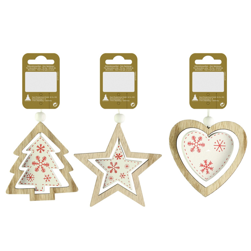 GEROMA Vánoční ozdoby dřevěné přírodní-bílá-červená různé druhy 7,5 cm, 1 ks