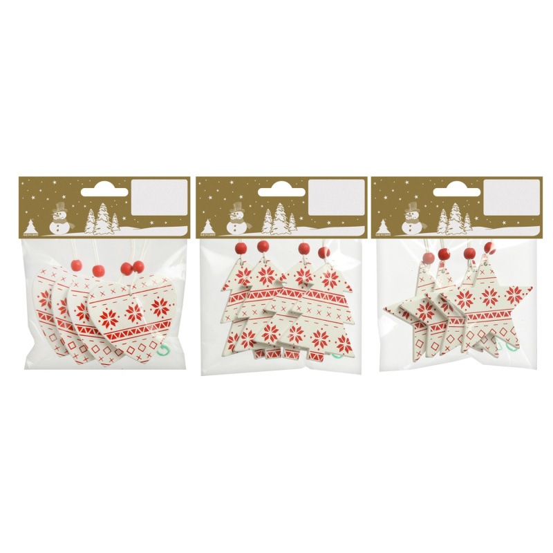 GEROMA Vánoční ozdoby dřevěné červeno-bílé různé druhy 6 cm, 4 ks