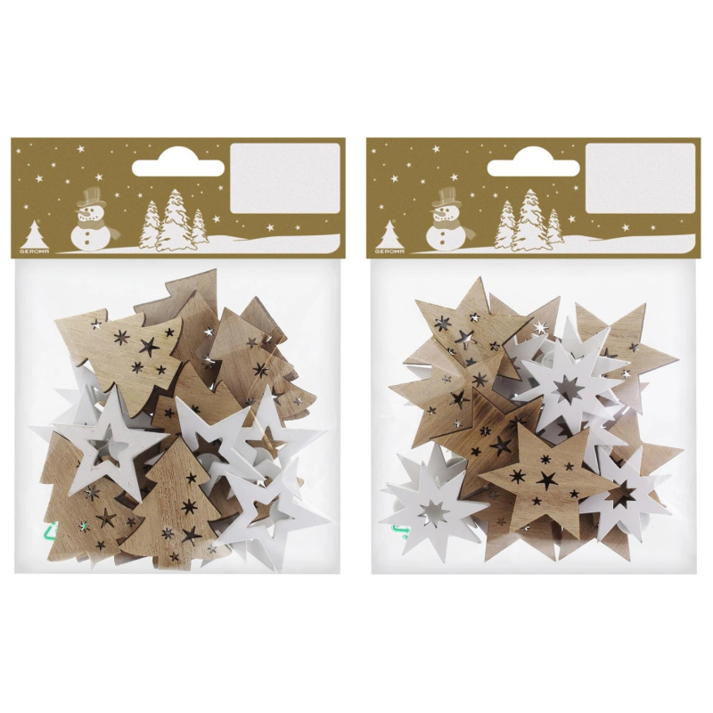 Sypká dekorace hvězdy a stromky dřevo, bílá/přírodní, 4 cm, 12 ks