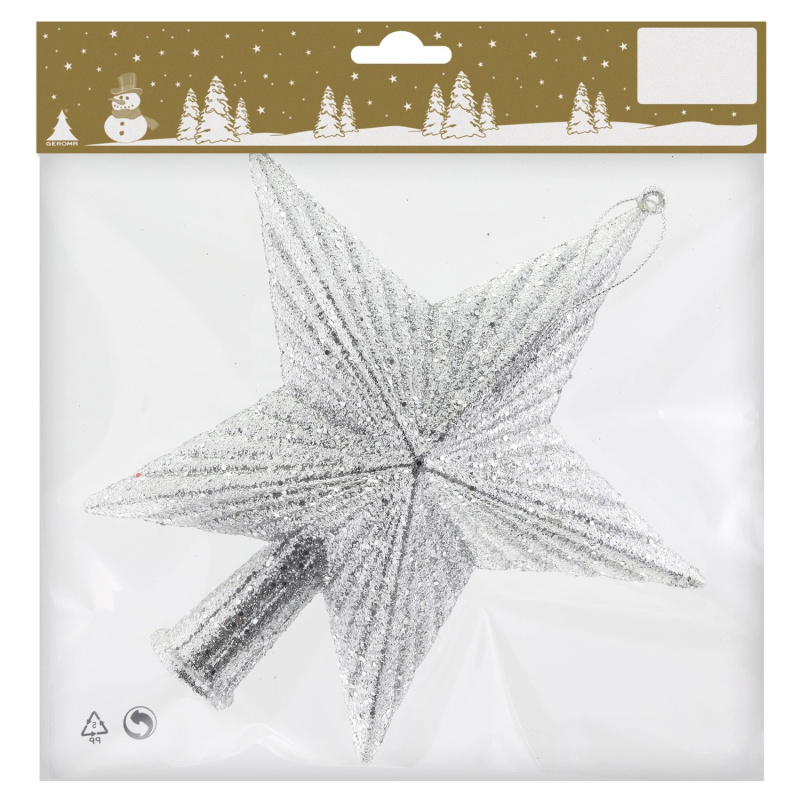 Špička na stromek hvězda plastová, stříbrná, 18 x 19 cm