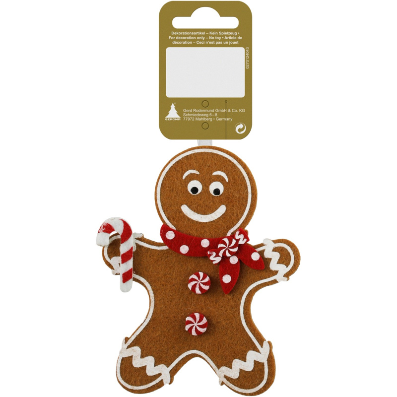 Vánoční dekorace k zavěšení, perníková figurka - muž, plsť, hnědá/bílá, 12 cm