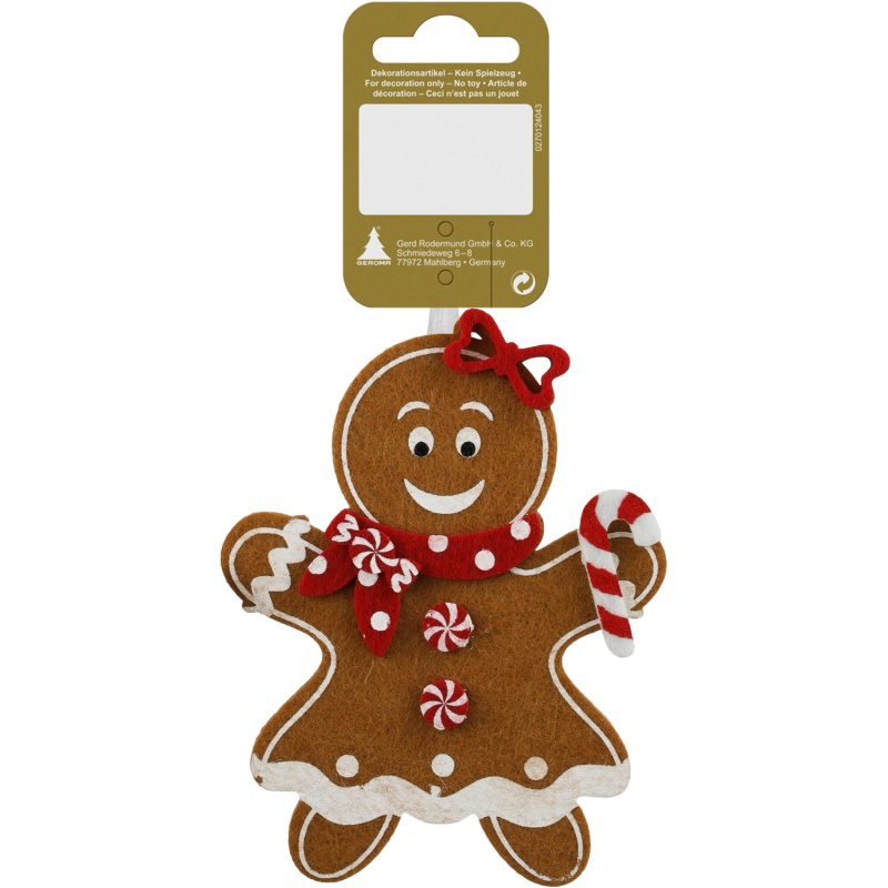 Vánoční dekorace k zavěšení, perníková figurka - žena, plsť, hnědá/bílá, 12 cm