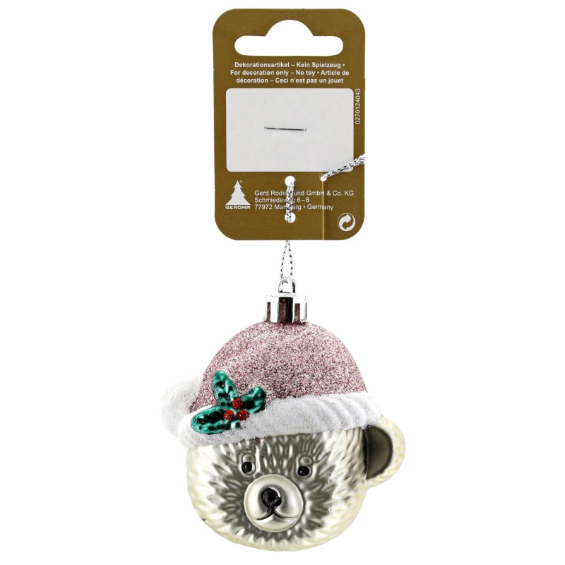 Závěsná vánoční dekorace hlava medvídka, růžová, 14,5 cm