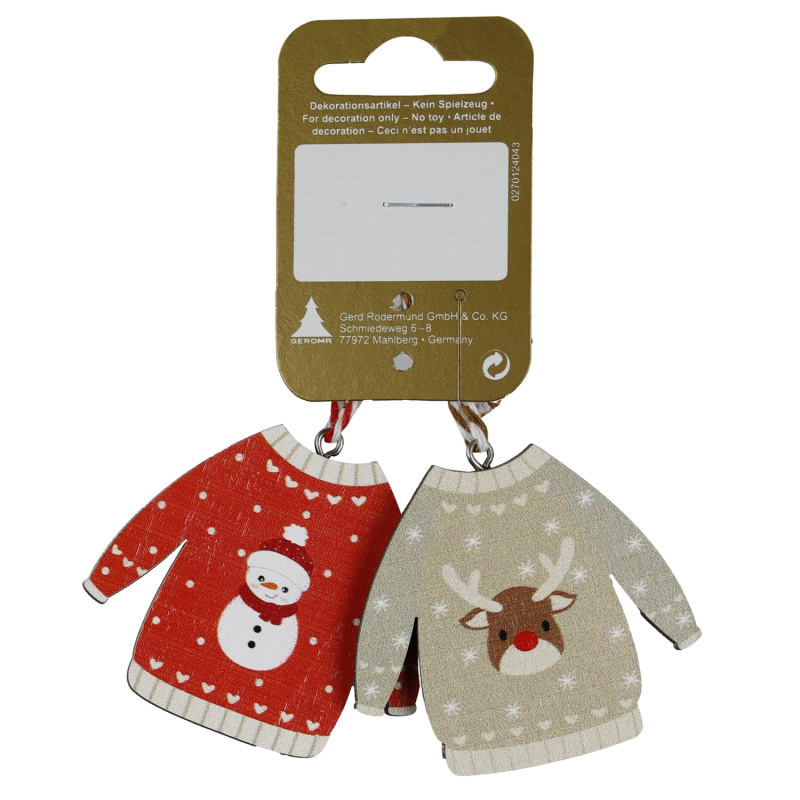 GEROMA Vánoční ozdoby svetry dřevo přírodní-červená 5,5 x 6 cm, 2 ks