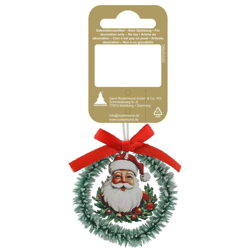 Gerd Rodermund Plastový věneček s mašlí a hlavou Santy, zeleno-červený, pr. 9 cm