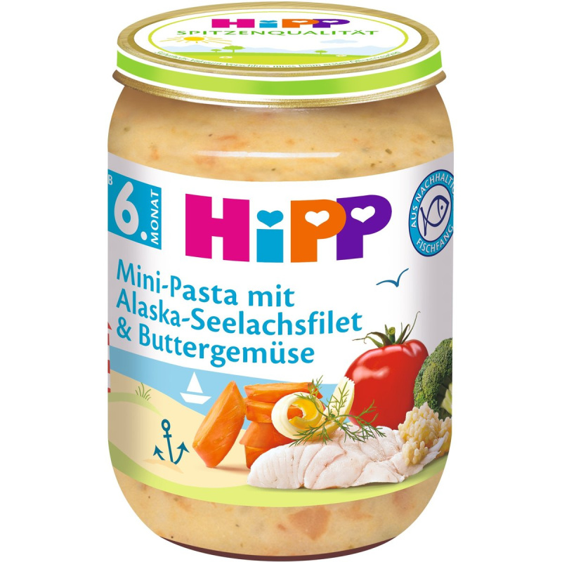HiPP Těstoviny s aljašskou treskou v máslové zelenině