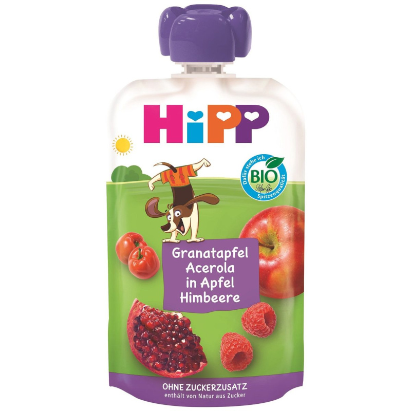 HiPP BIO Kapsička Hippis jablko, maliny, granátové jablko a acerola