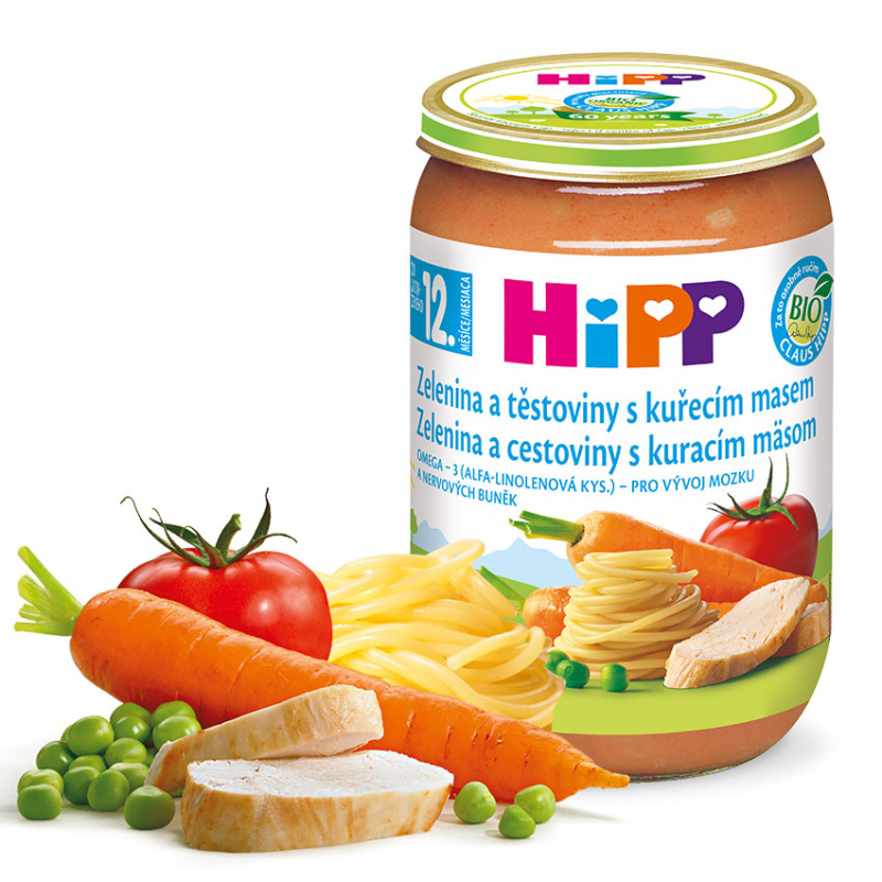 HIPP Menu bio zelenina a těstoviny s kuřecím masem 12m+ 220 g