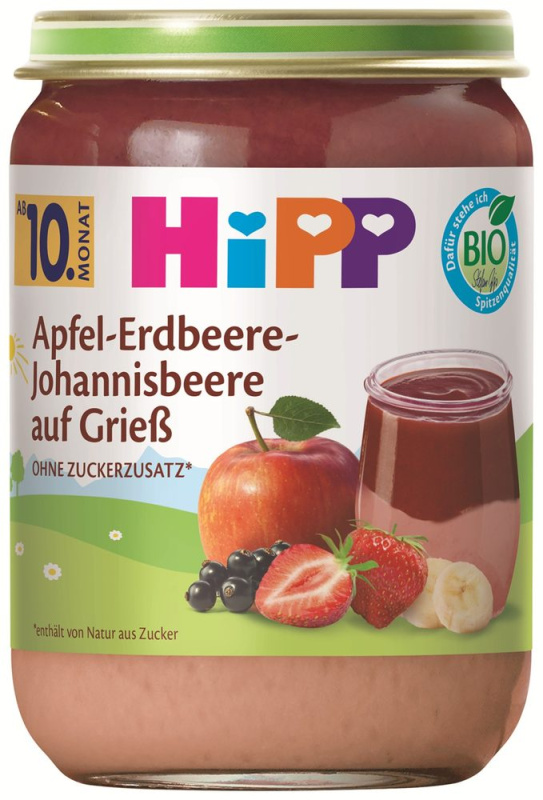 HiPP BIO Krupička s jablky, jahodami a černým rybízem 190g