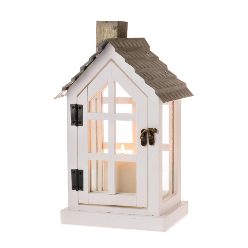 DRAGIMEX Lucerna ve tvaru domečku kovová bílá 26,5 x 23,5 x 47 cm, 1 ks