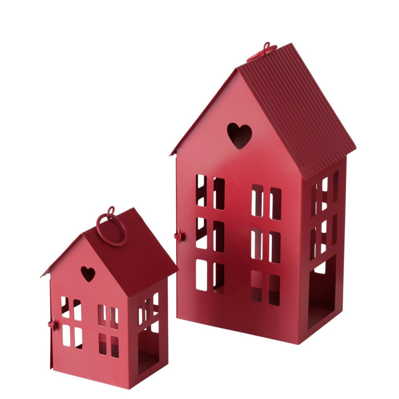 Boltze Home Kovová lucerna ve tvaru domečku, ALAMO, 14 a 25 cm červený