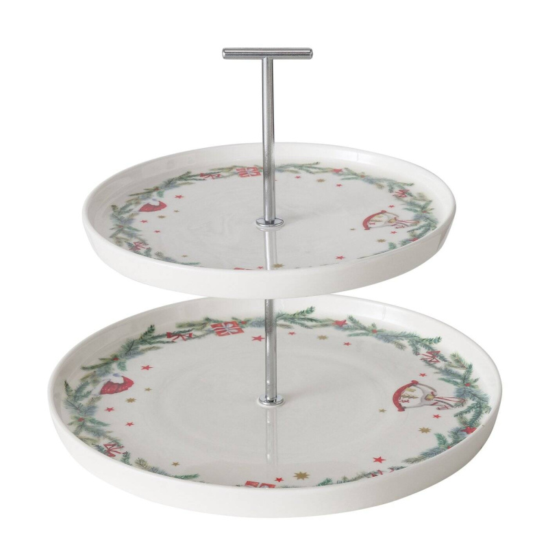 Boltze Xmas Dvoupatrový podnos se slavnostním vzorem FLORENZA, výš, 22 cm bílá