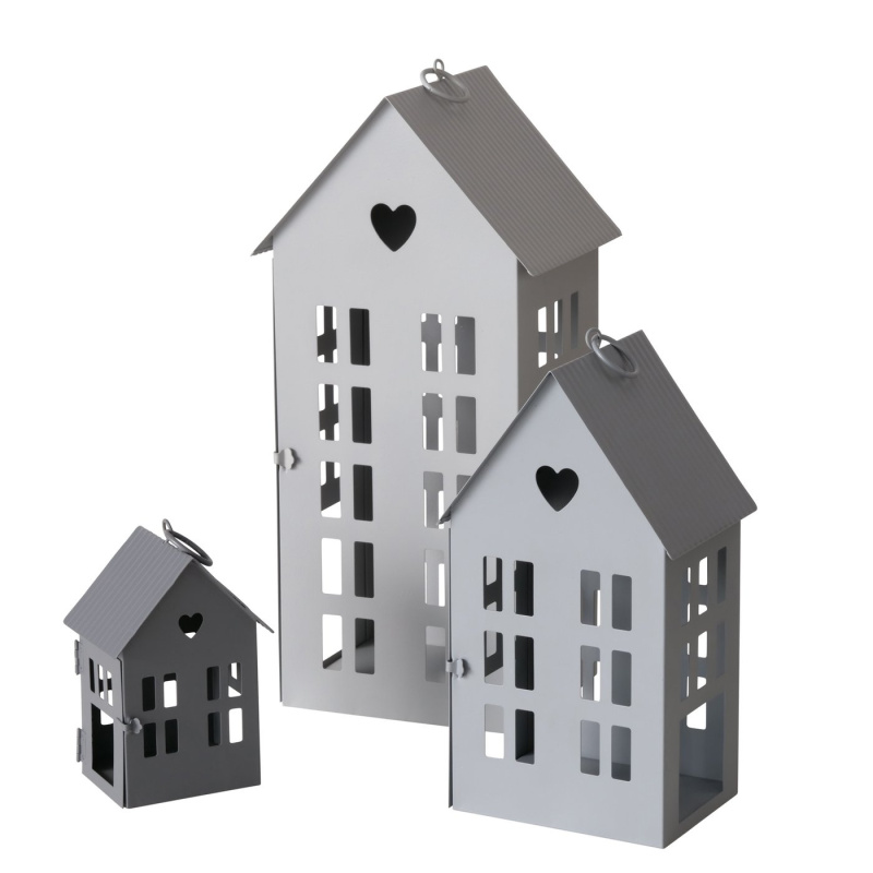 Boltze Home Dekorační lucerna ve tvaru domku, 13 - 35 cm, ALAMO, šedá šedá