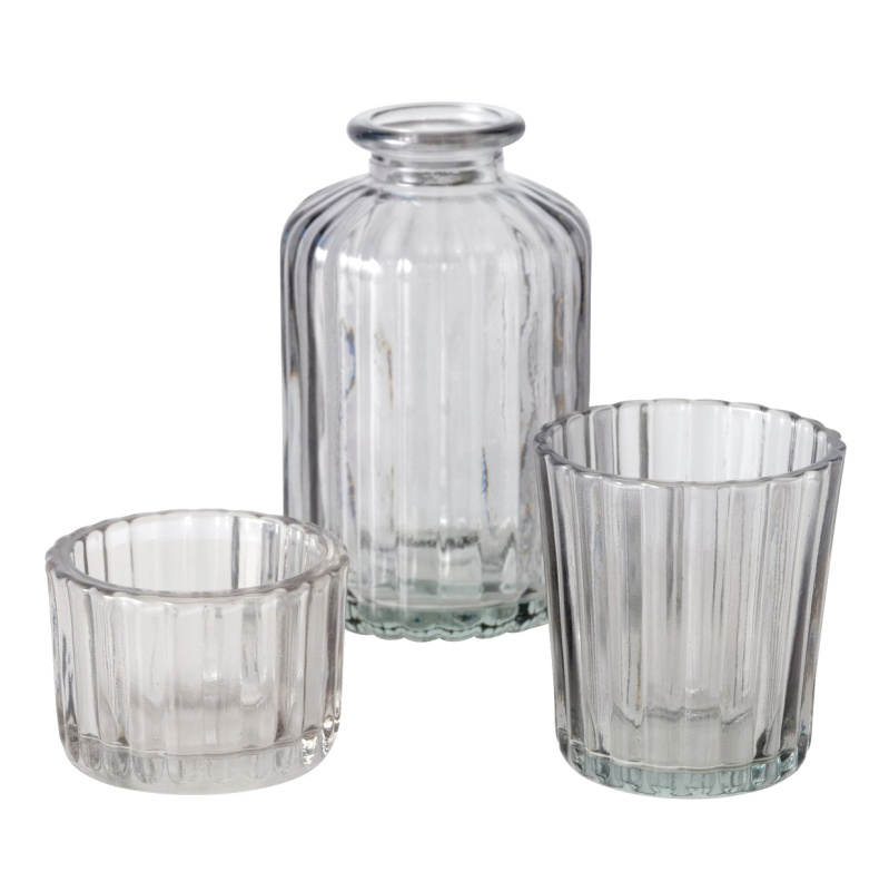 Boltze Home Sada skleněných dekorací, svícny a váza, 10 cm, TOLKA šedá