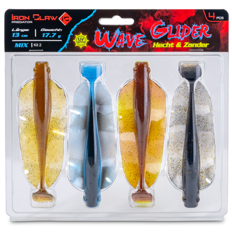 Iron claw gumová nástraha wave glider mix kit 2 hecht & zander 13 cm 17,7 g 4 ks