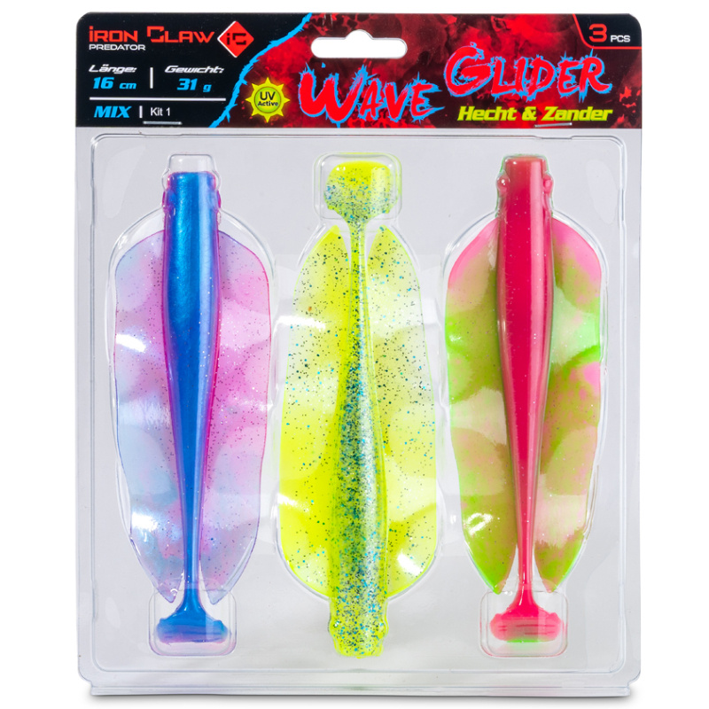Iron claw gumová nástraha wave glider mix kit 1 hecht & zander 16 cm 31 g 3 ks