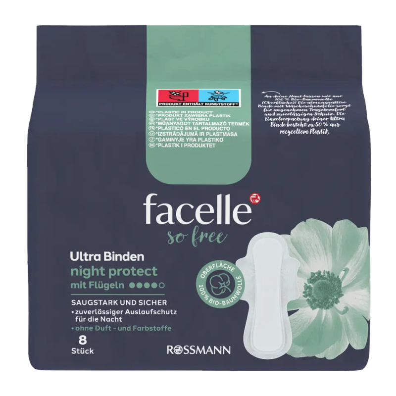 facelle Hygienické vložky So Free Ultra Night Protect s křidélky 8 ks