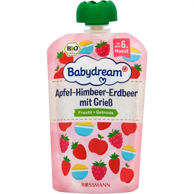 Babydream Ovocný příkrm Jablko, malina a jahoda s krupicí