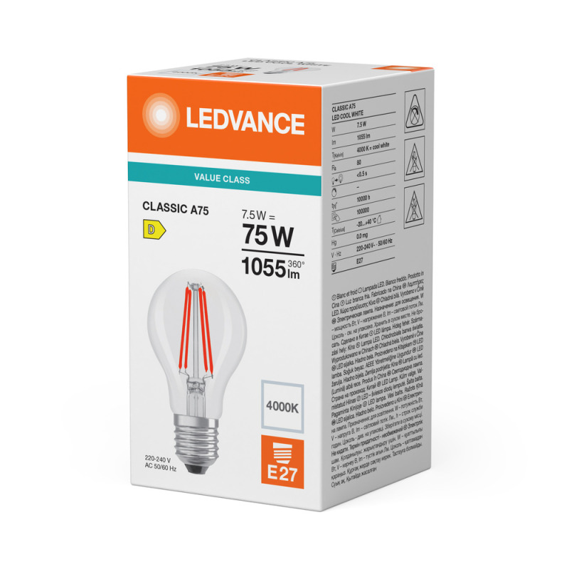 LED žárovka LEDVANCE LED CLA75 7.5W 840 FILCL E27 V, čiřá