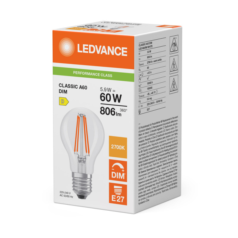 LED žárovka LEDVANCE LEDCLA60DIM 5.9W 827 FILCL E27 P