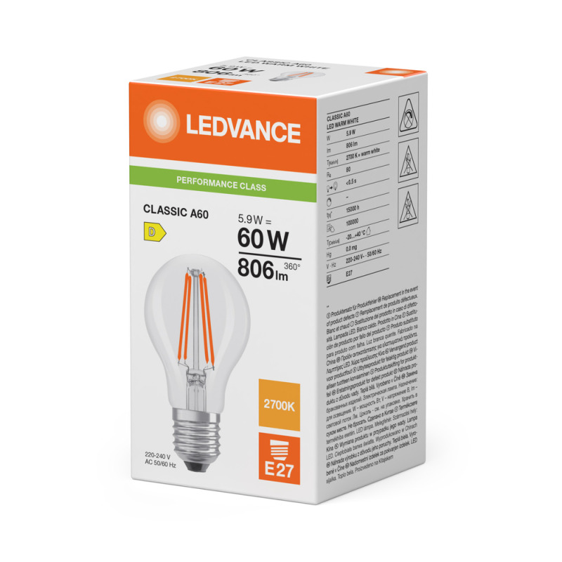 LED žárovka LEDVANCE LED CLA60 5.9W 827 FILCL E27 P