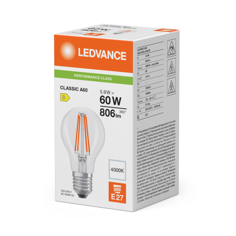 LED žárovka LEDVANCE LED CLA60 5.9W 840 FILCL E27 P