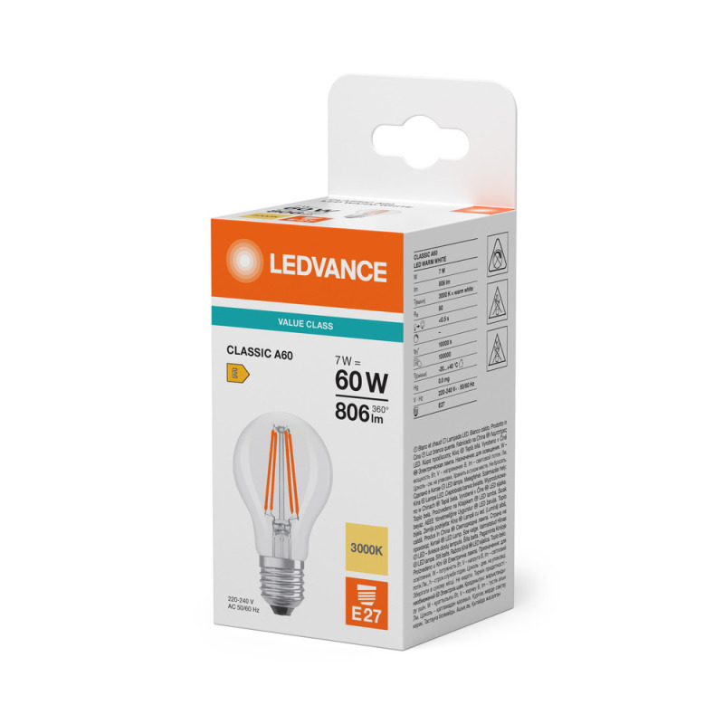 LED žárovka LEDVANCE LED CLA60 7W 830 FILCL E27 V