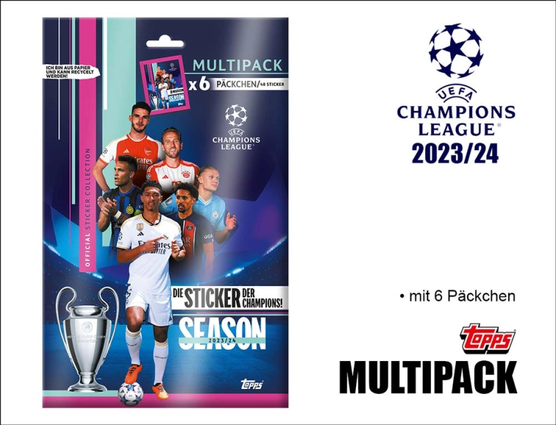 Topps UEFA Champions League 2023/2024 samolepky – multipack (6 sáčků)
