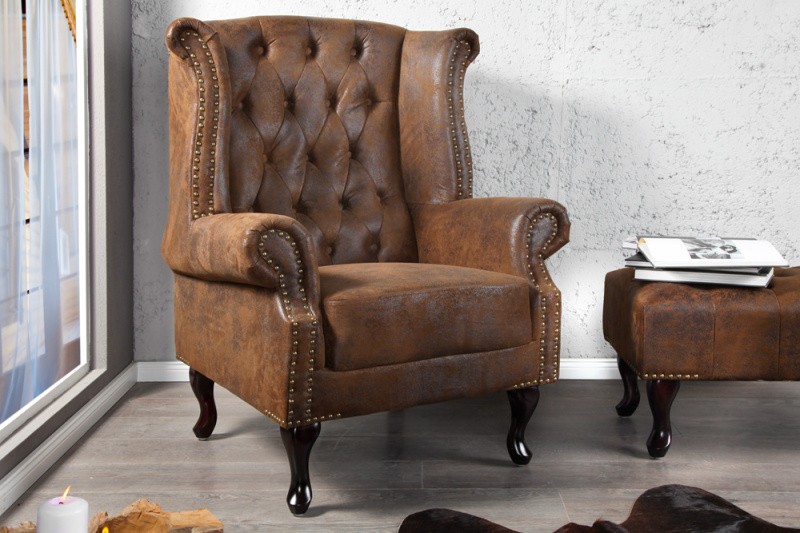 INVICTA INTERIOR Křeslo ušák Chesterfield hnědý starožitný vzhled