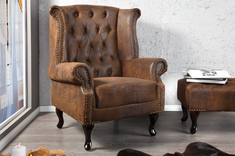 INVICTA INTERIOR Křeslo ušák Chesterfield hnědý starožitný vzhled