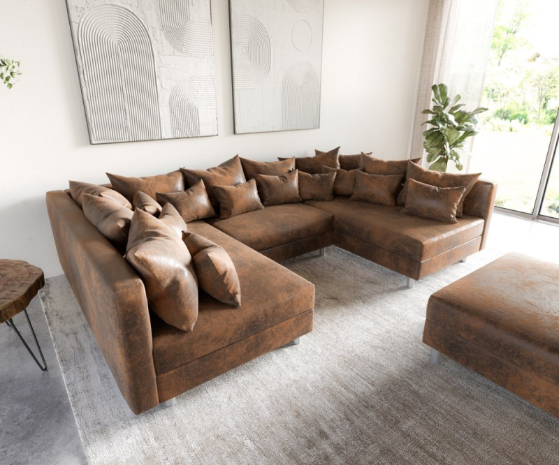 Pohovka ve tvaru "U" Clovis hnědá modulární taburet vintage