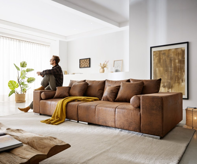 Velká pohovka Marbeya 285x115 cm hnědá vintage s 10 polštáři